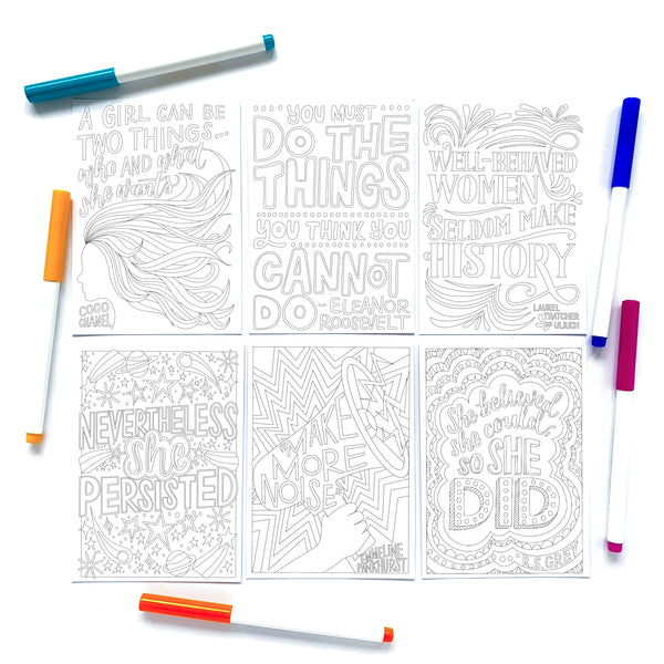 A6 postcard pack of six feminist colouring postcards on recycled card