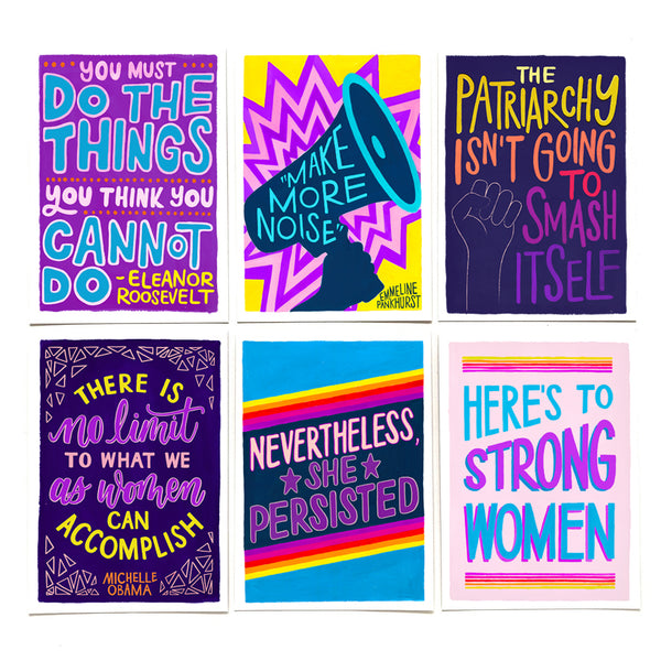 A6 pack of six colourful feminist postcards from the Make More Noise collection, printed on recycled card