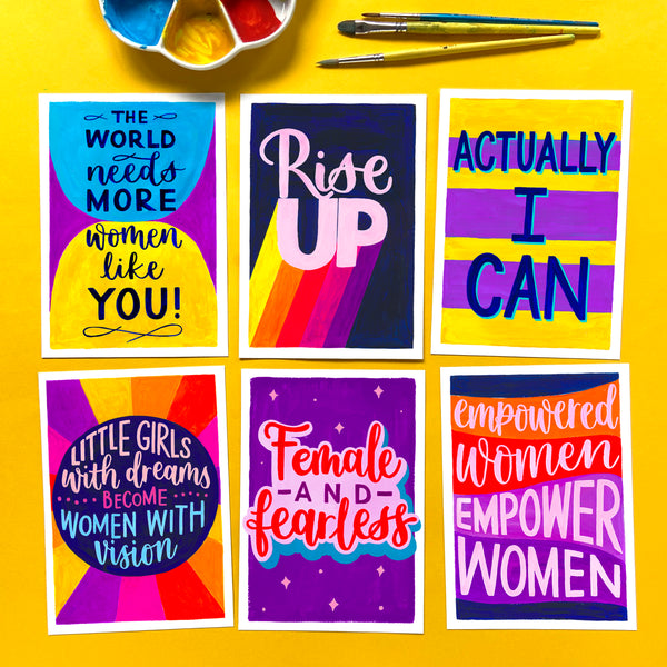 A6 postcard pack of six colourful feminist postcards from the Rise Up collection, printed on recycled card
