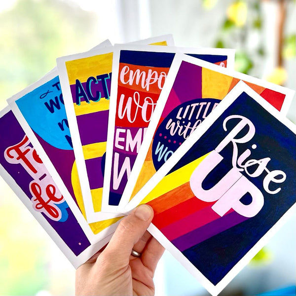 A6 pack of six colourful feminist postcards from the Rise Up collection, printed on recycled card