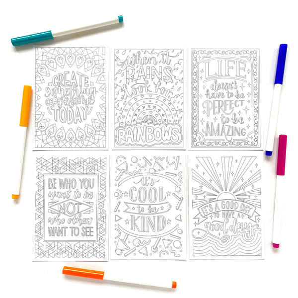 A6 postcard pack of six positive colouring postcards on recycled card