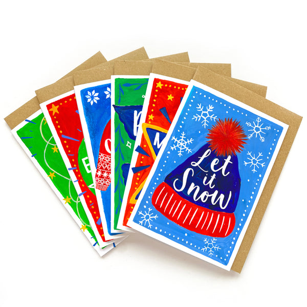Pack of 6 colourful 'Merry and Bright' Christmas cards