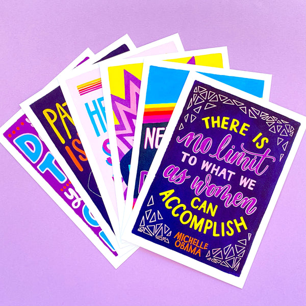 A6 pack of six colourful feminist postcards from the Make More Noise collection, printed on recycled card