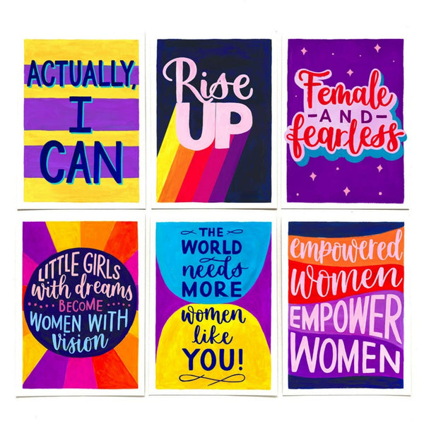 A6 postcard pack of six colourful feminist postcards from the Rise Up collection, printed on recycled card