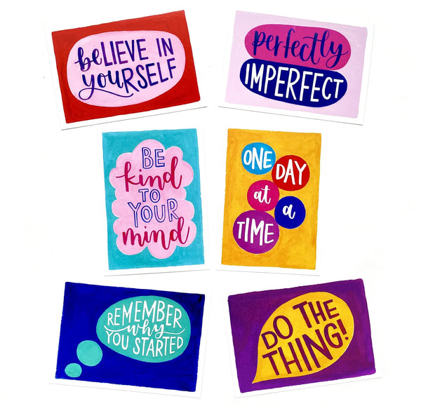 A6 postcard pack of six colourful, motivational postcards on recycled card from the Notes to Self range