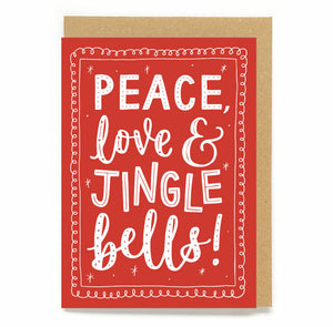 Christmas card with fun typography - Peace, love and jingle bells