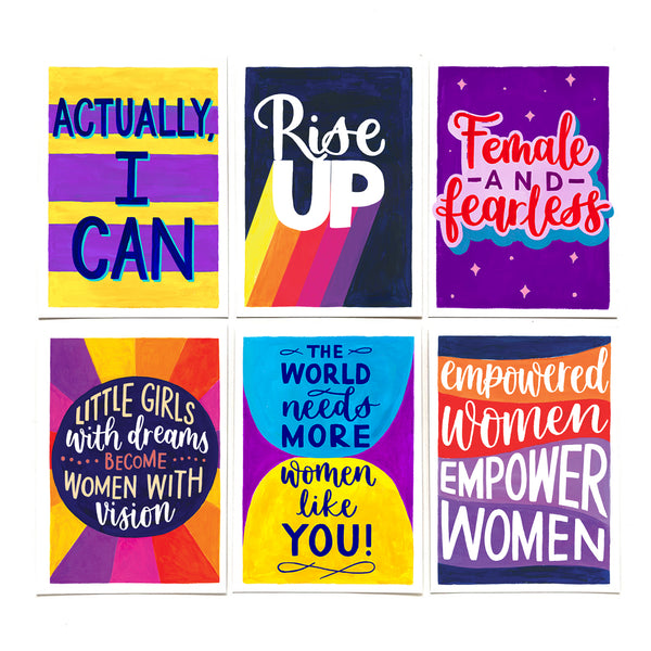 A6 postcard pack of six colourful feminist postcards from the Rise Up collection - recycled card