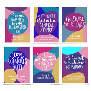A6 pack of six colourful Shakespearean Insults postcards