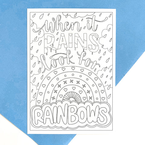 Motivational colouring postcard on recycled card: When it rains, look for rainbows