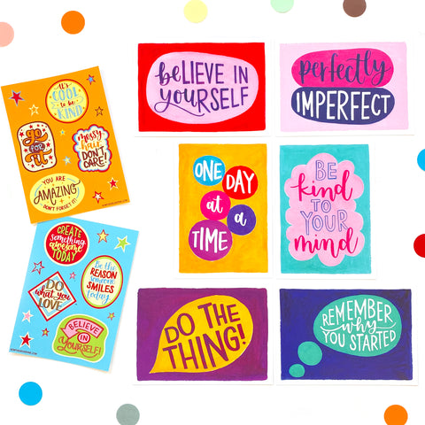Positivity Bundle: 6 x motivational postcards + 2 x happy sticker sheets