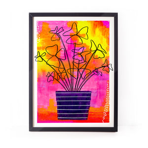 Colourful botanical print - Oxalis in stripy pot