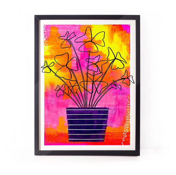 Colourful botanical print - Oxalis in stripy pot