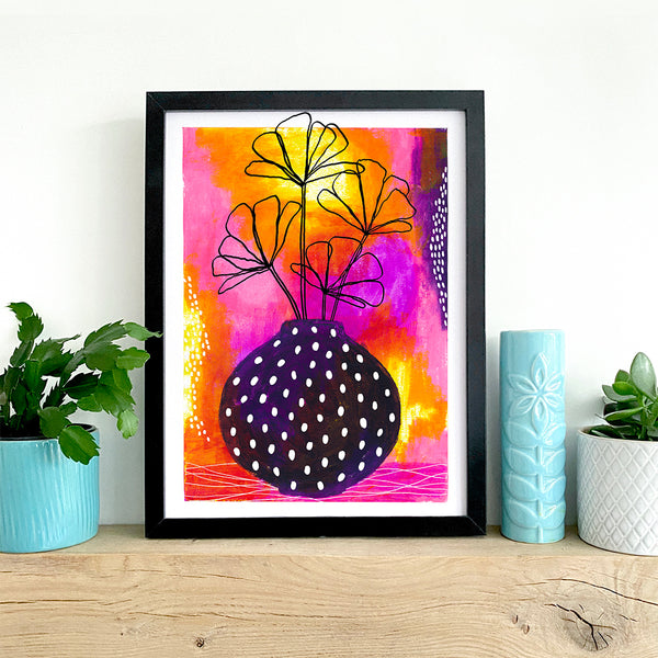 Colourful botanical print - Flowers in spotty vase
