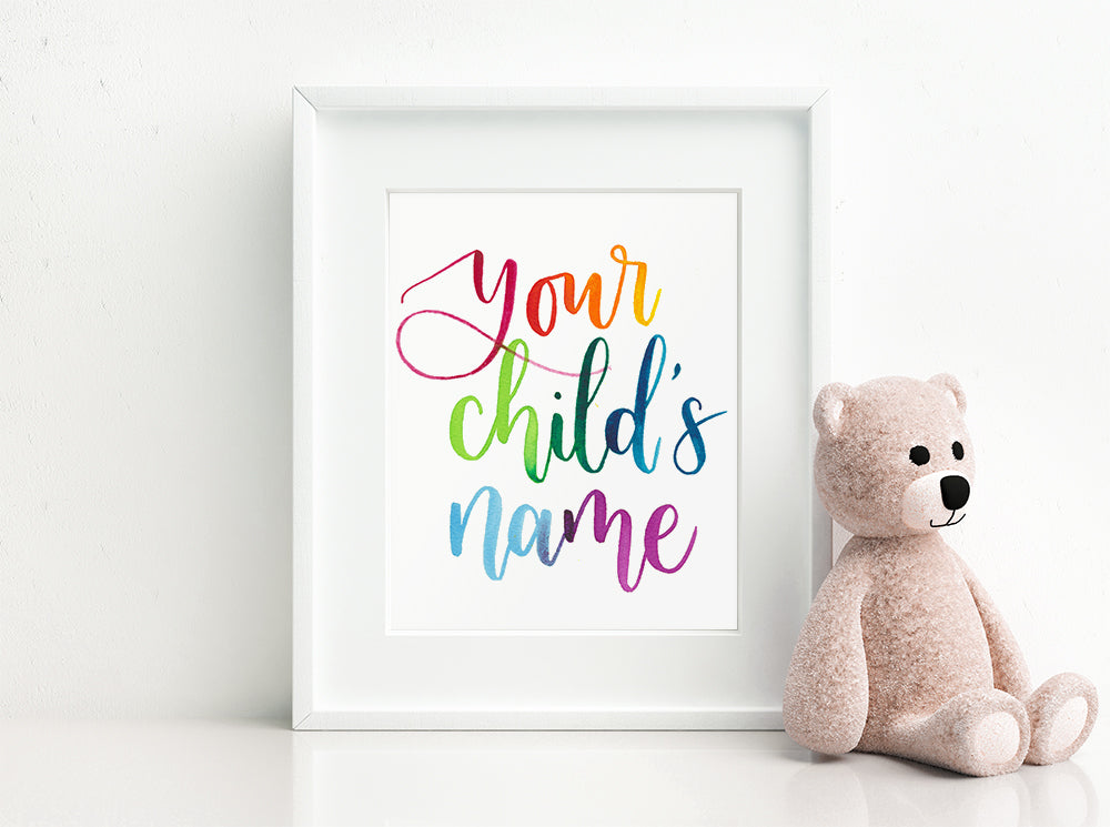 Hand-painted baby name in rainbow watercolour calligraphy – Now Then ...