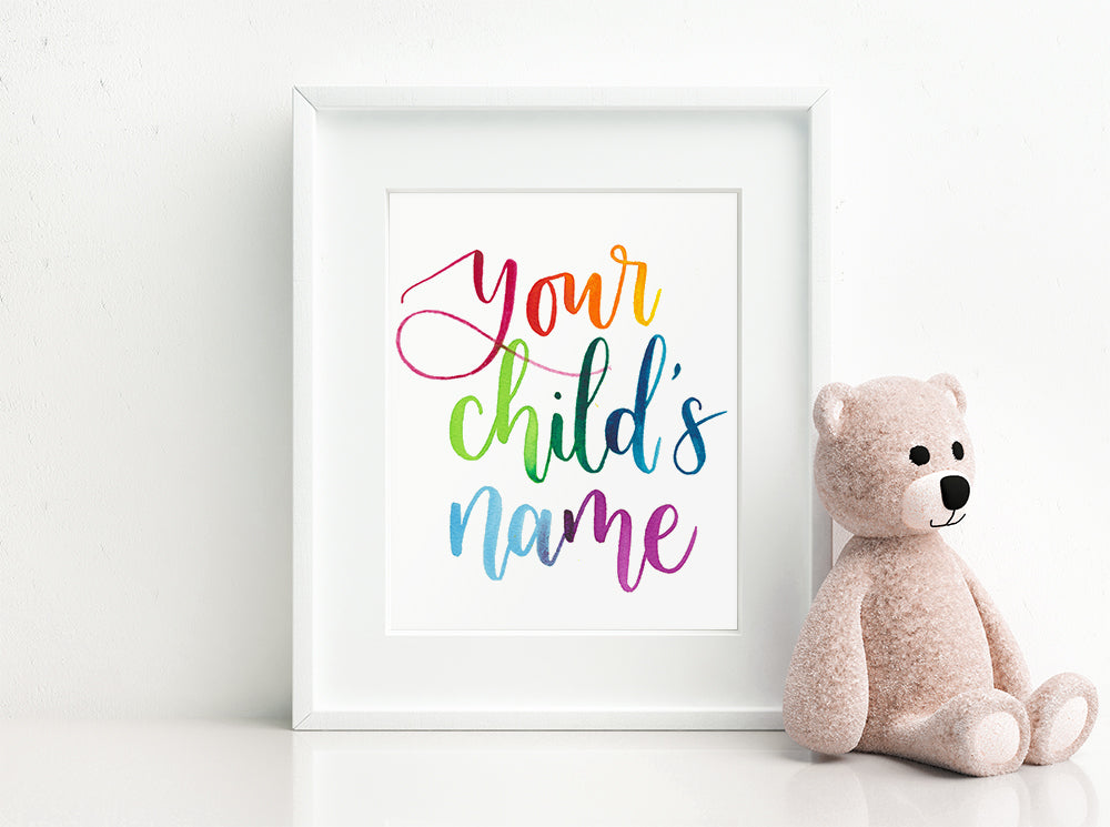 Hand-painted baby name in rainbow watercolour calligraphy