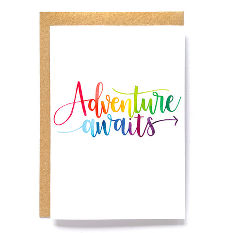 Rainbow card for travel lover / new beginnings: 'Adventure awaits'
