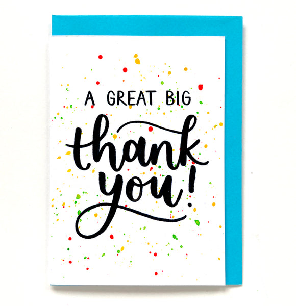 Pack of 6 fun thank you cards with randomly coloured envelopes