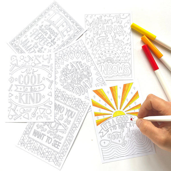 Pack of six positive colouring postcards on recycled card