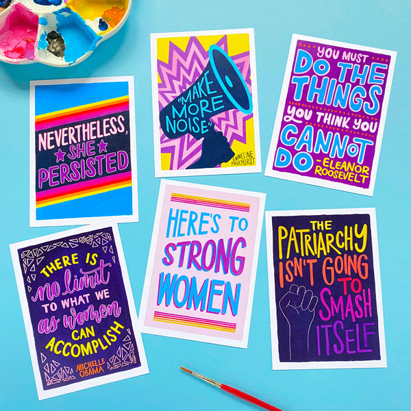 Pack of six colourful feminist postcards from the Make More Noise collection, printed on recycled card