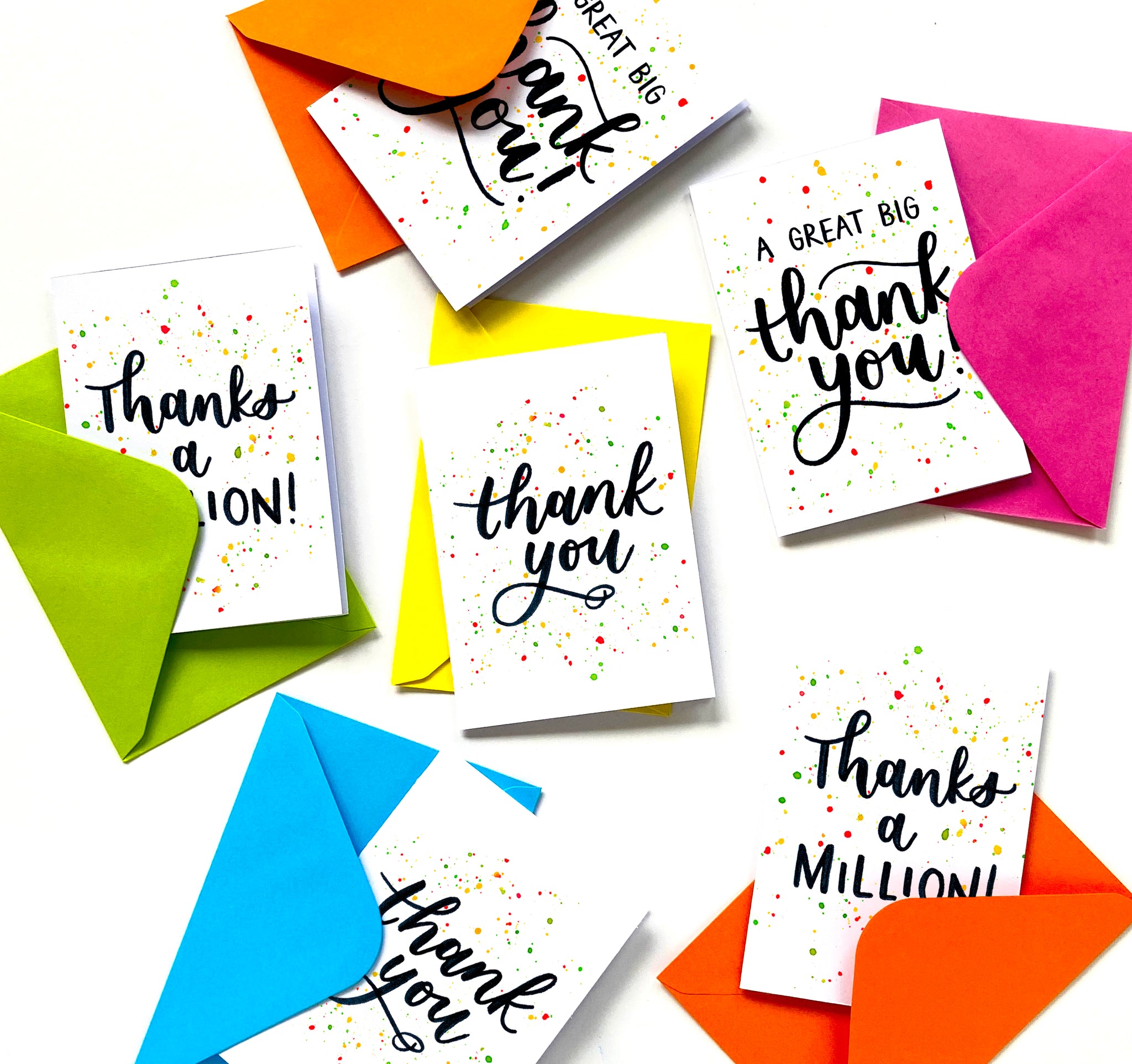 Pack of 6 fun thank you cards with randomly coloured envelopes