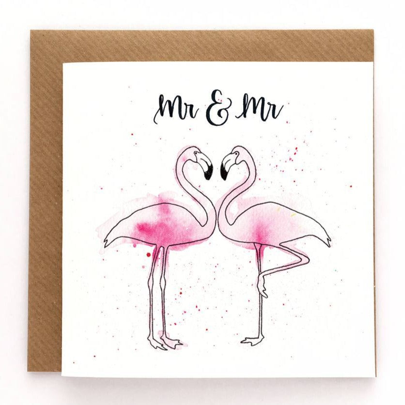 Same sex wedding card: Mr and Mr Flamingo