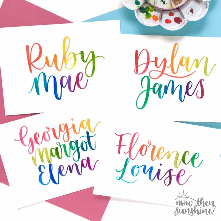 Hand-painted baby name in rainbow watercolour calligraphy – Now Then ...